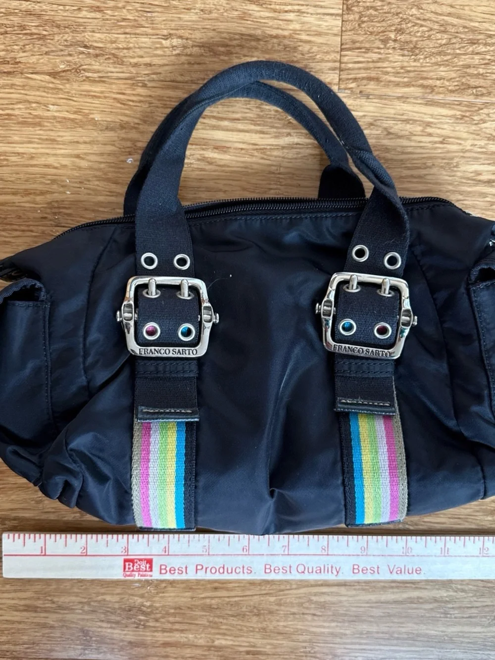 Franco sarto baguette Black Women's Satchel Bag with Rainbow Stripe Accents